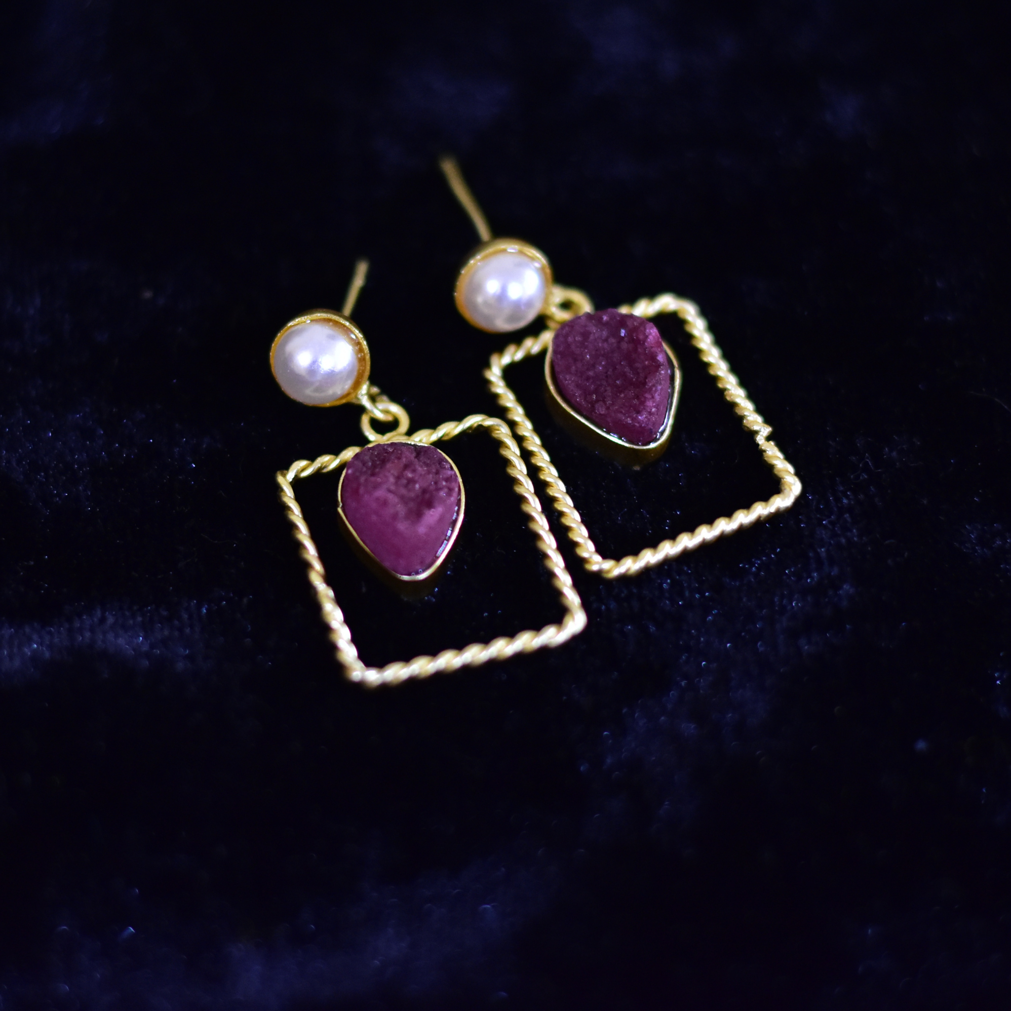 Natural Pink Stone square earrings