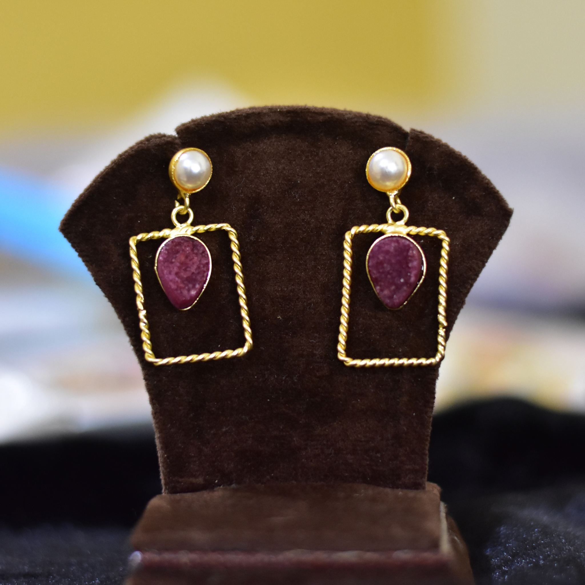 Natural Pink Stone square earrings